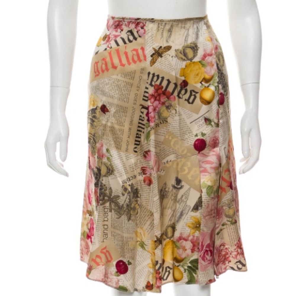 John Galliano Silk Skirt Newspaper Prnt